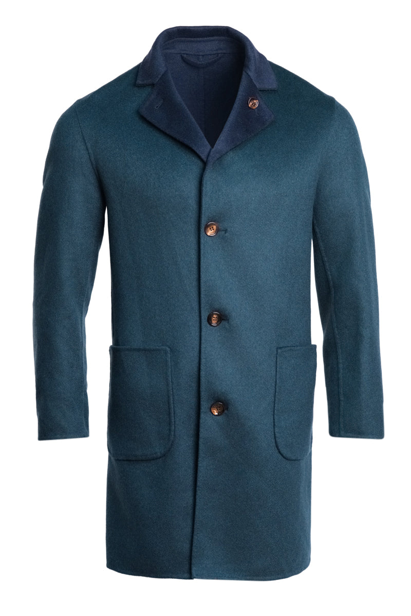 Kired by Kiton PARANA1 Cashmere Reversible Overcoat in forest green and midnight blue