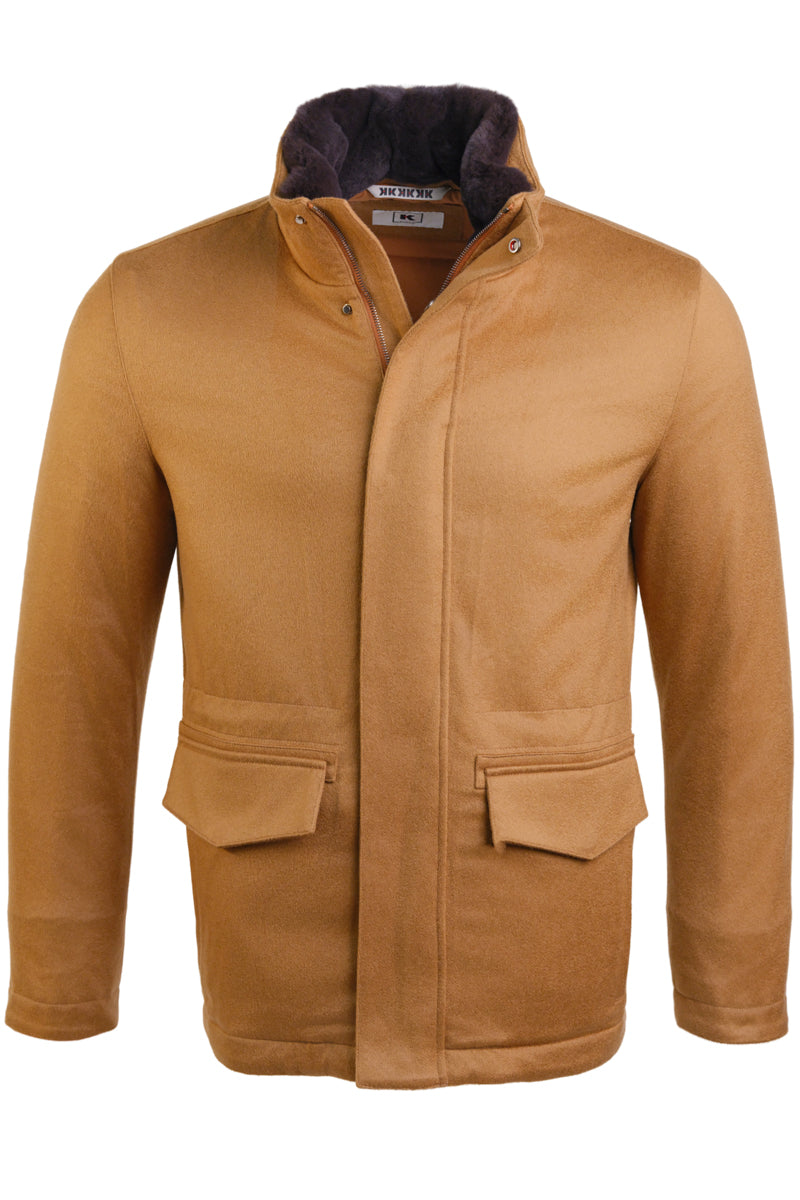 Kired by Kiton MUTP Cashmere Goose Down Overcoat w/ Fur Trim Collar in caramel