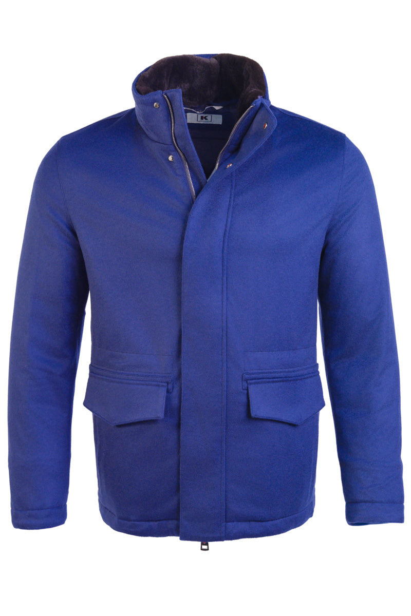 Kired by Kiton MUTP Cashmere Goose Down Overcoat w/ Fur Trim Collar in dark blue