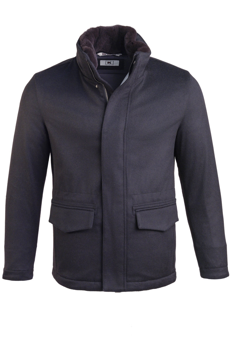 Kired by Kiton MUTP Cashmere Goose Down Overcoat w/ Fur Trim Collar in black