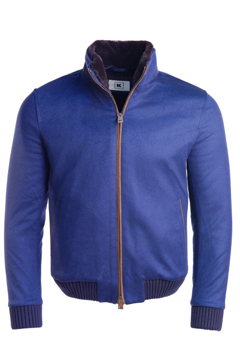Kired by Kiton SABA Cashmere Beaver Fur Lined Bomber in dark blue