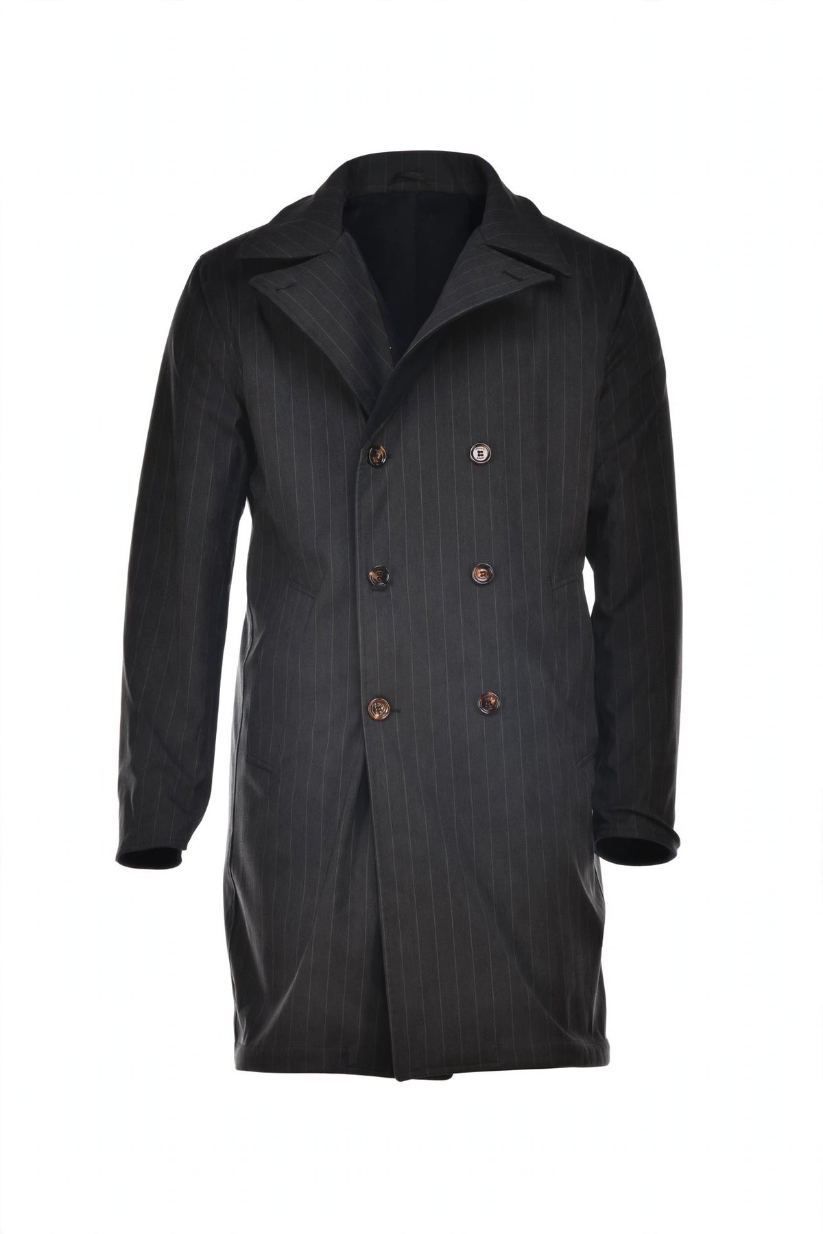 Kired Gyala Solid/ Pinstripe Nylon-Virgin Wool Double-Breasted Reversible Overcoat