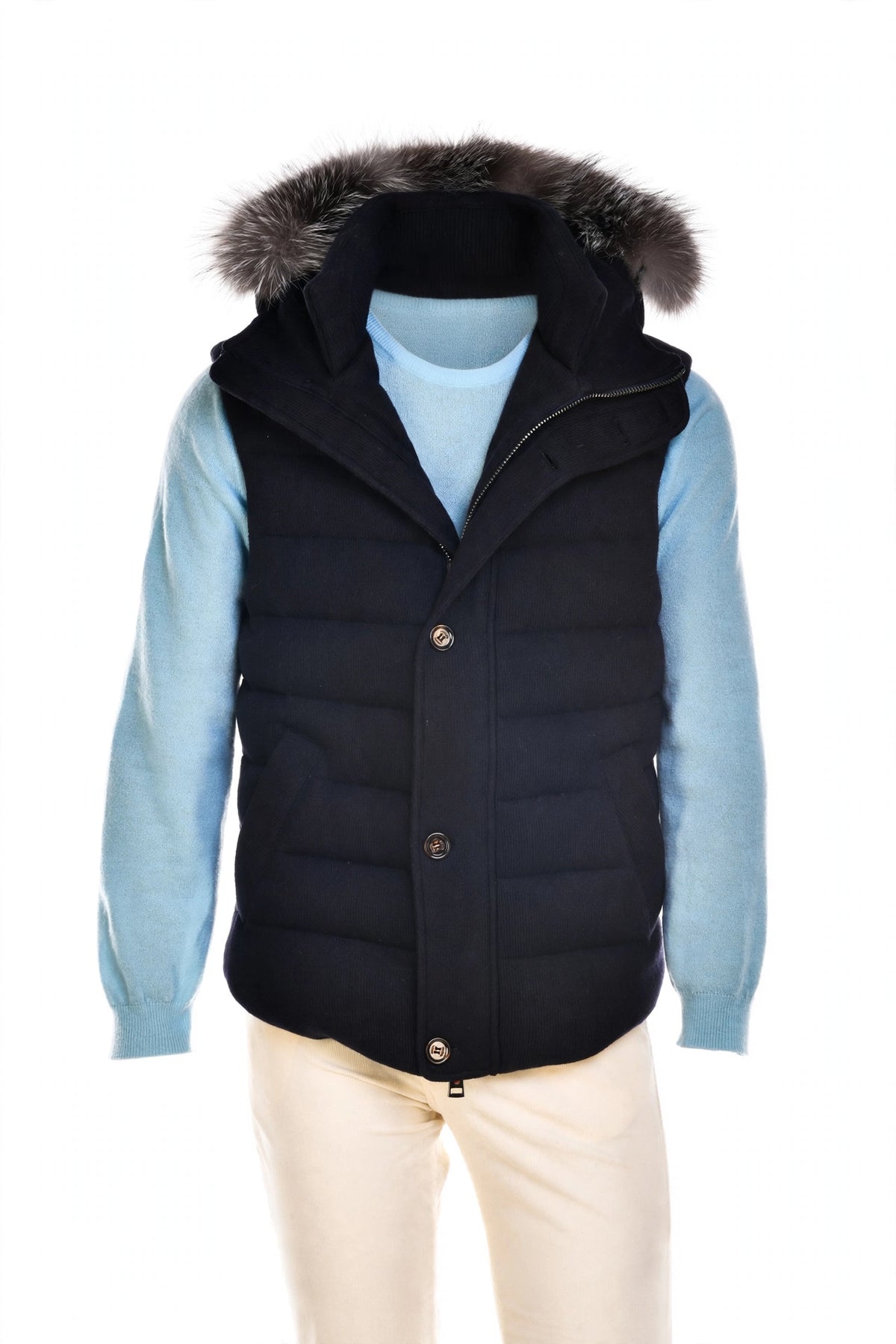 Kired by Kiton Kishb Cashmere Vest w/ Detachable Fox Fur Hood