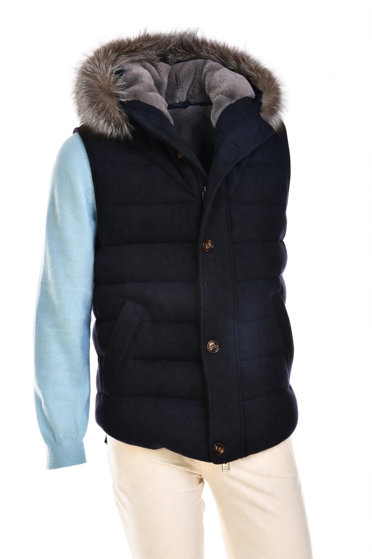 Kired by Kiton Kishb Cashmere Vest w/ Detachable Fox Fur Hood