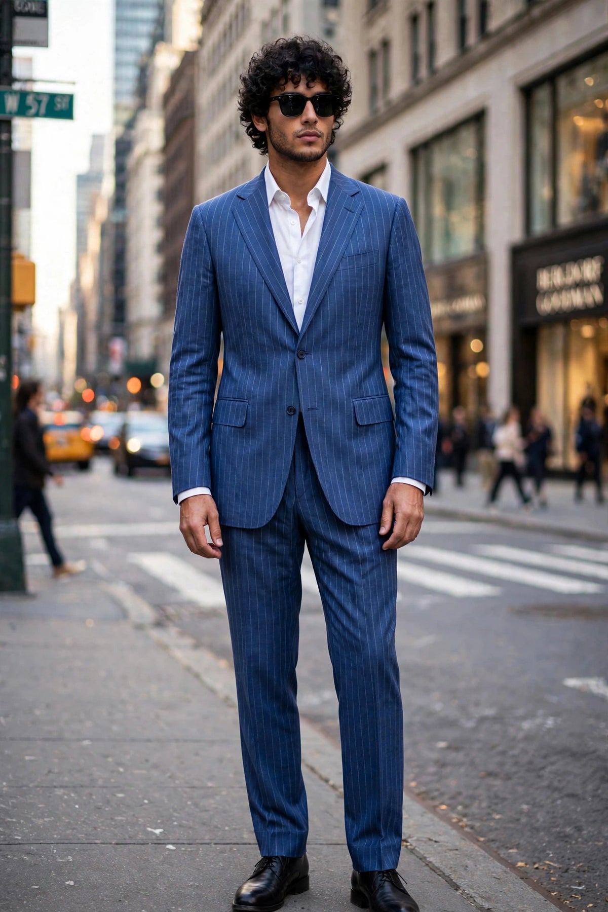 Sartorio cobalt blue pinstripe suit on model, West 57th St